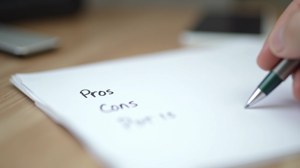 Handwritten pros and cons list on paper with two columns of advantages and disadvantages