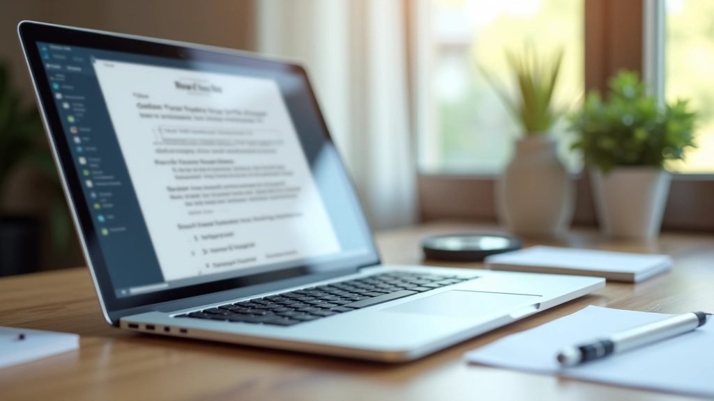 Close-up of laptop screen with article open and magnifying glass beside it, natural desk lighting