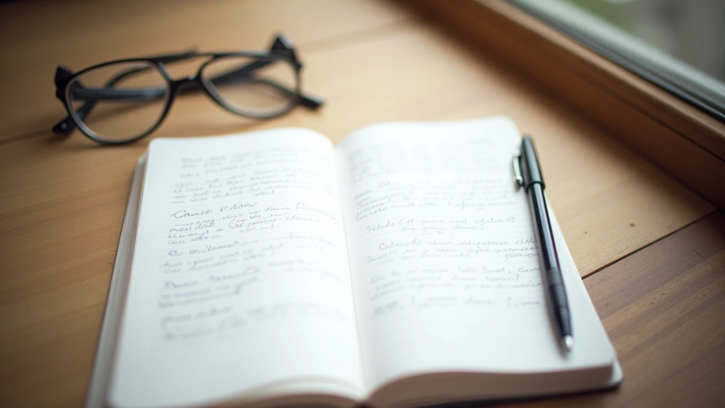 Open notebook with handwritten notes on desk next to pen and glasses in morning light