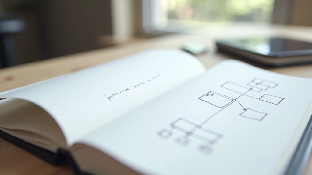 Close-up of notebook with handwritten notes and decision flowchart sketches, pen nearby on wooden desk