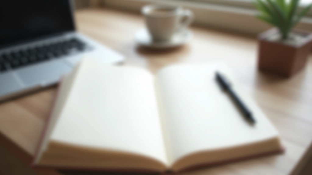 Laptop with open journal and pen, coffee cup on wooden desk, workspace setup for writing and reflection, morning light