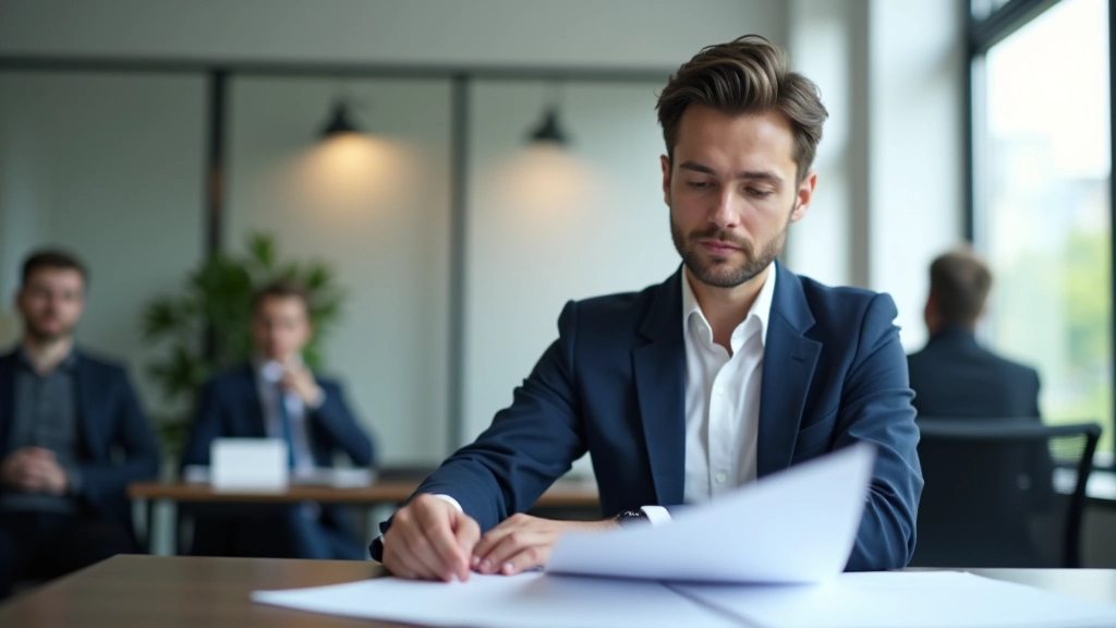 Person sitting at desk with laptop, reviewing documents and taking notes, professional office lighting with focused expression
