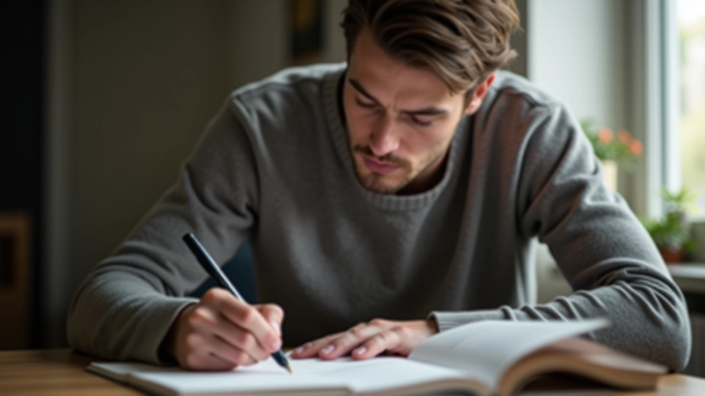 Person writing in journal or notebook with thoughtful expression during planning session