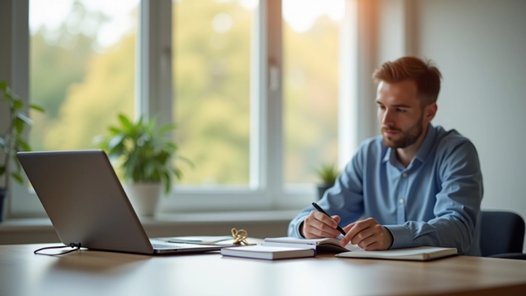 Person studying at wooden desk with notebook, coffee cup, and laptop in natural daylight