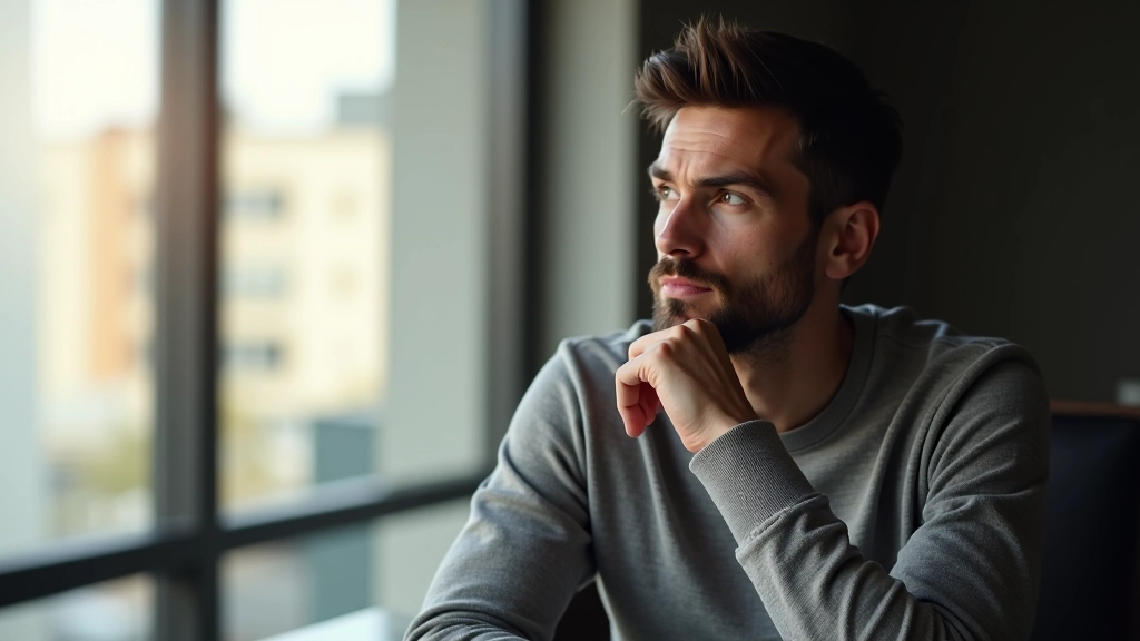 Person thinking deeply with hand on chin, sitting by window with sunlight