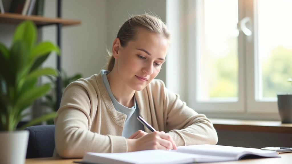 Person journaling in quiet study space with plants and natural light