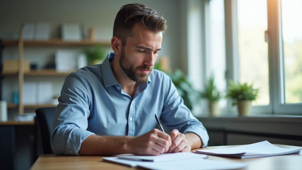Person reviewing notes and reflecting thoughtfully with focused expression during study session