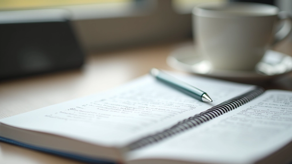 Open notebook with handwritten reflective notes and pen on wooden desk with coffee