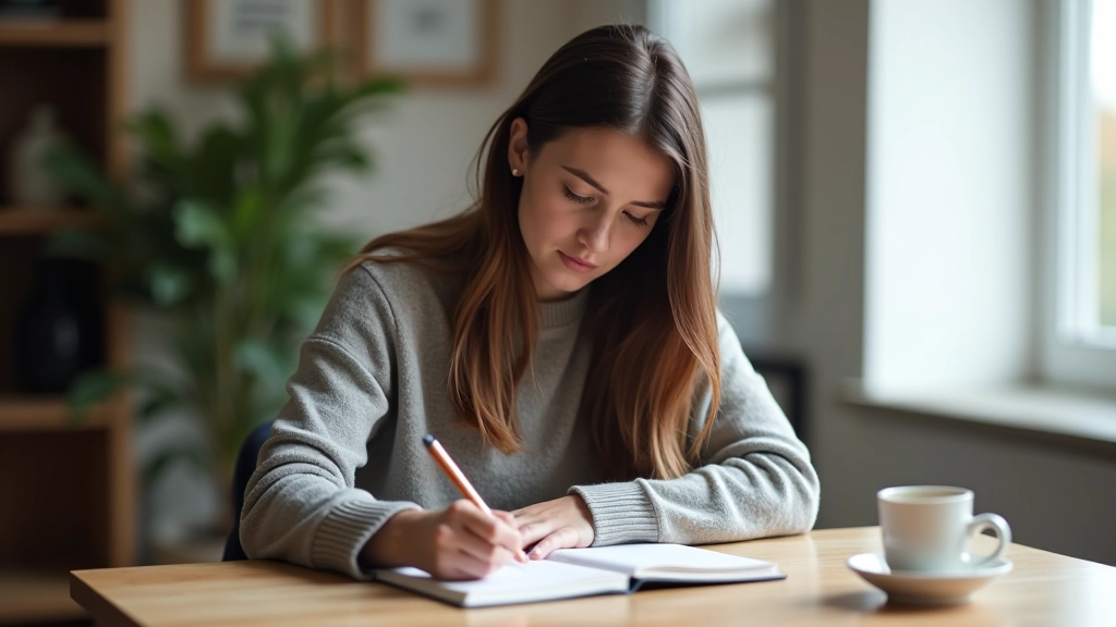 Person writing in reflective journal with coffee cup on wooden table by window with natural light