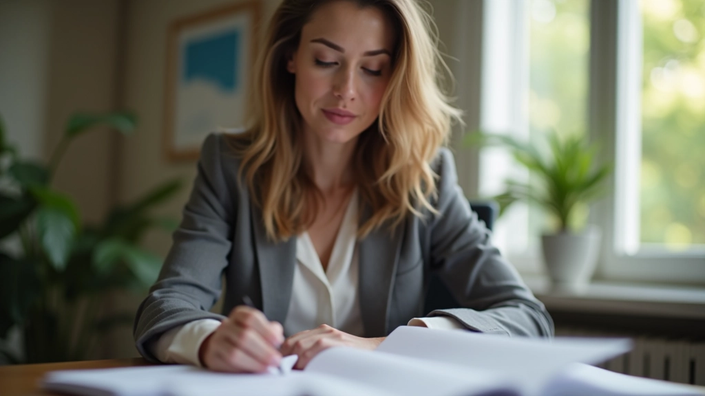 Woman at desk with papers and notes spread out, analyzing documents with focused expression