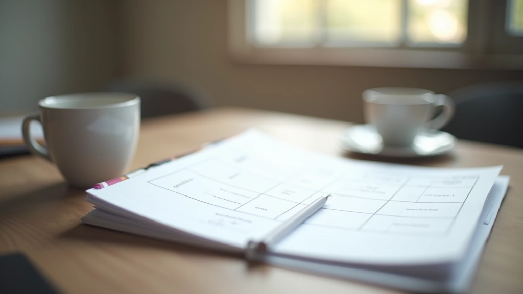 Professional workspace with open notebook showing decision framework matrix and pen